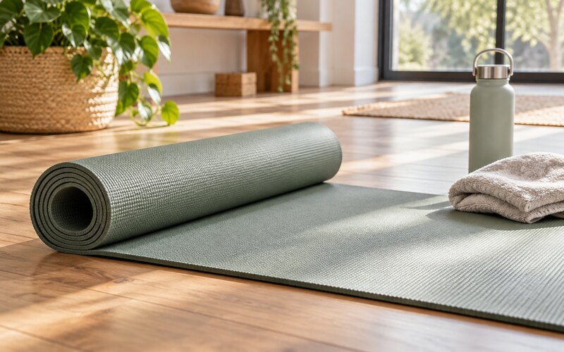 Aydınlık ev stüdyosunda kaymaz yüzeyli pilates matı ve egzersiz aksesuarları
