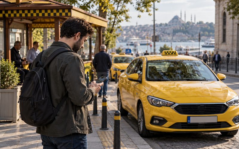Taksi durağında sarı aracın yanında telefonuna bakan yolcu