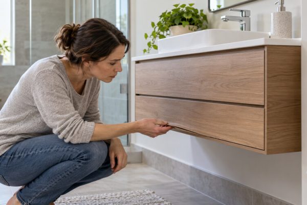 Banyo dolabındaki şişmiş kenarı kontrol eden kişi