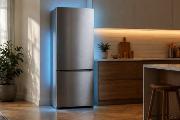 Modern bir mutfakta enerji tüketimini simgeleyen buzdolabı
