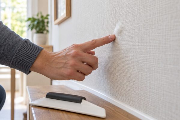 Duvar kâğıdındaki küçük kabarcığı dikkatle kontrol eden kişi