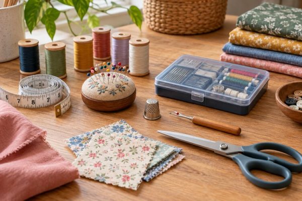Düzenli bir ev dikiş kutusunda iplikler, makas, mezura ve iğnelik