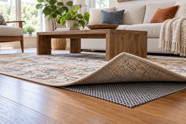 Ahşap zeminde kaydırmaz ped üzerine düzgün yerleştirilmiş salon halısı