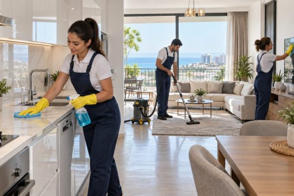 Mersin'de bir dairenin mutfak ve oturma odasında temizlik yapan ekip