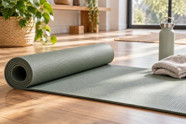 Aydınlık ev stüdyosunda kaymaz yüzeyli pilates matı ve egzersiz aksesuarları