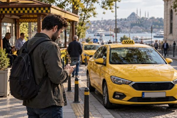 Taksi durağında sarı aracın yanında telefonuna bakan yolcu